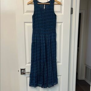 Blue print sheer Sleeveless tiered maxi Dress